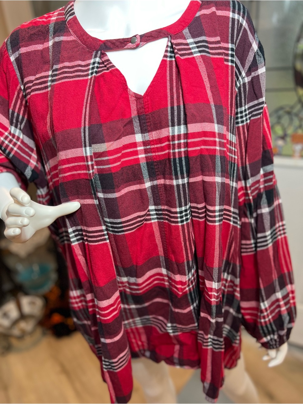 Lane Bryant Red Plaid Keyhole Top with pockets